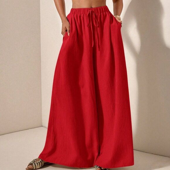 Red womens crop top & flowy wide legged pants textured fabric coord set - Picture 7 of 8